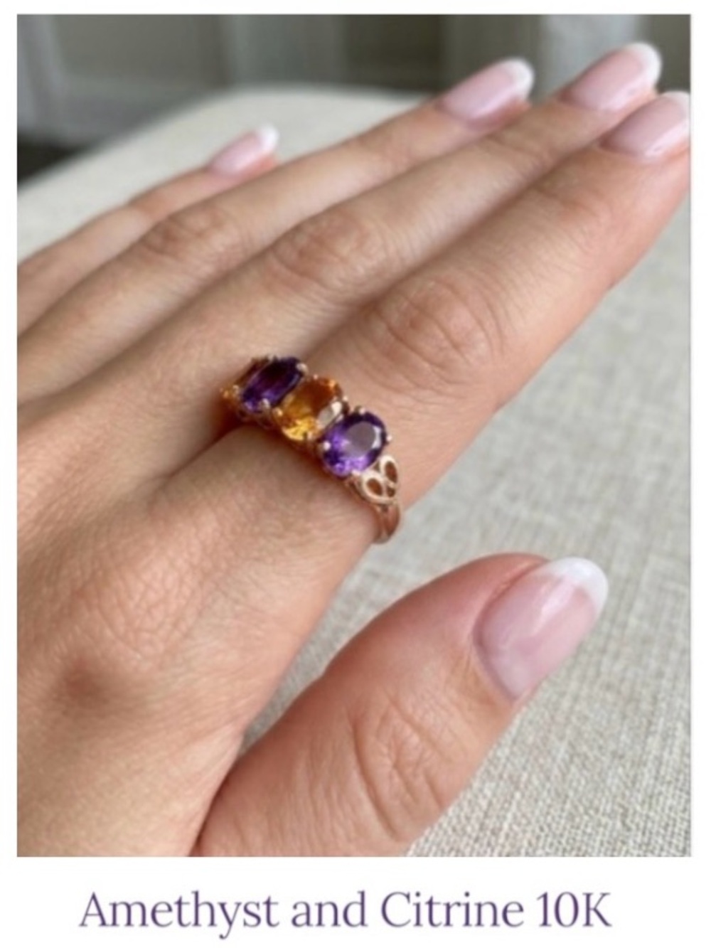 Genuine amethyst and citrine set in 10K gold. Heart detail setting.
